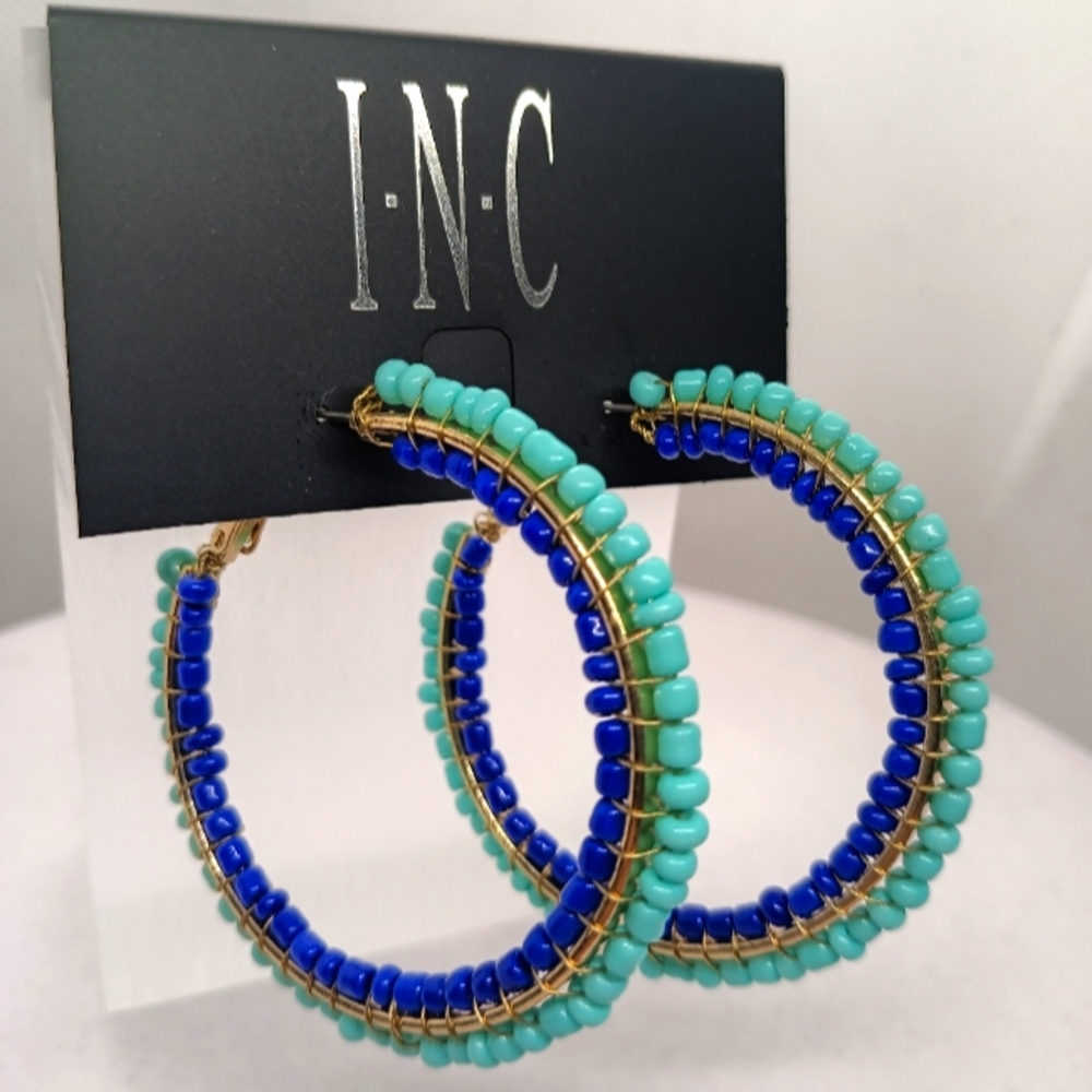 INC Blue Beaded Hoop Earrings